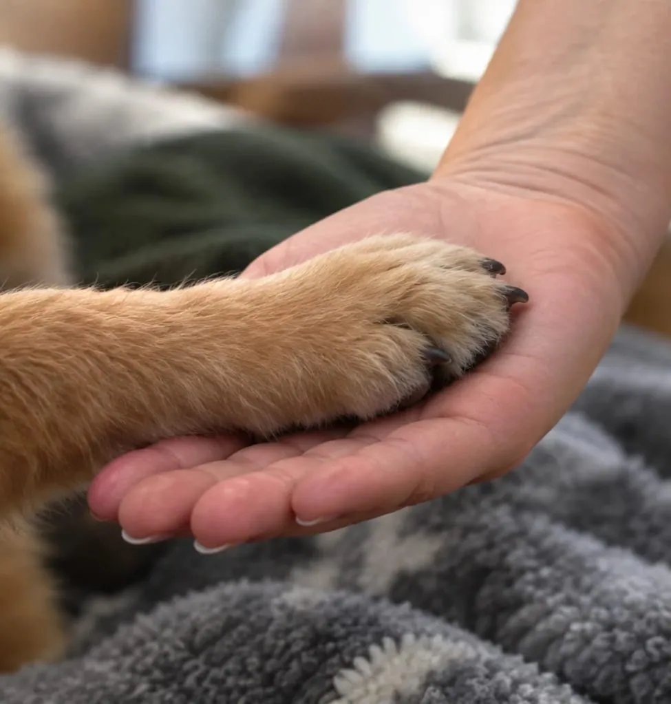 A dog’s paw resting in a person’s open hand