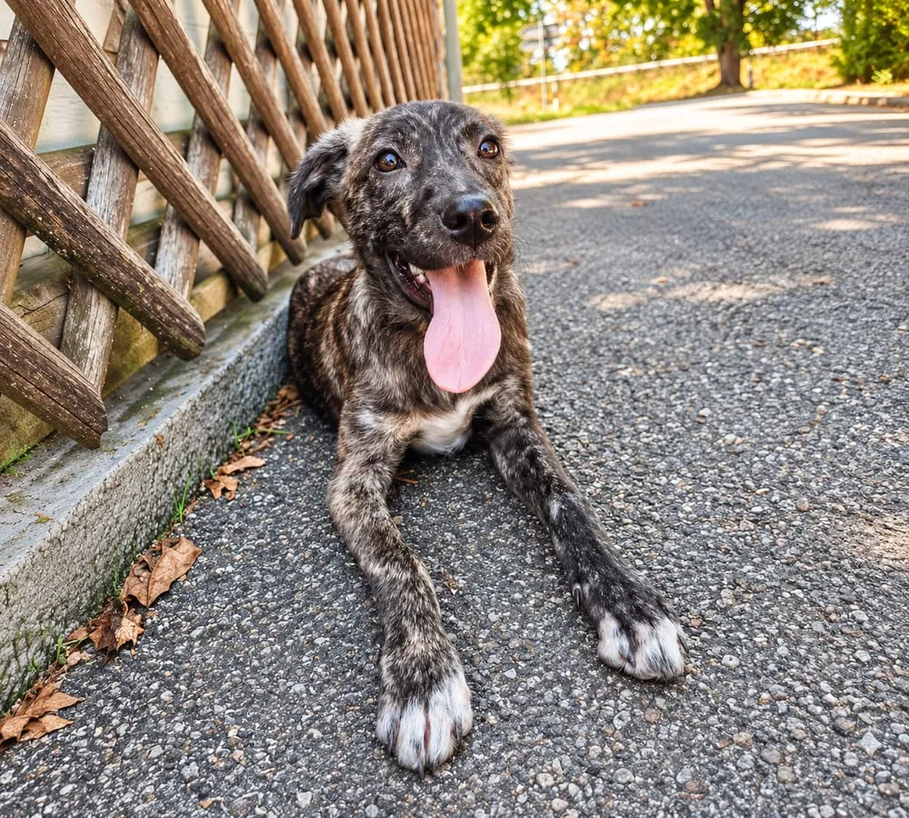 The dog today, lying on a path with her tongue out